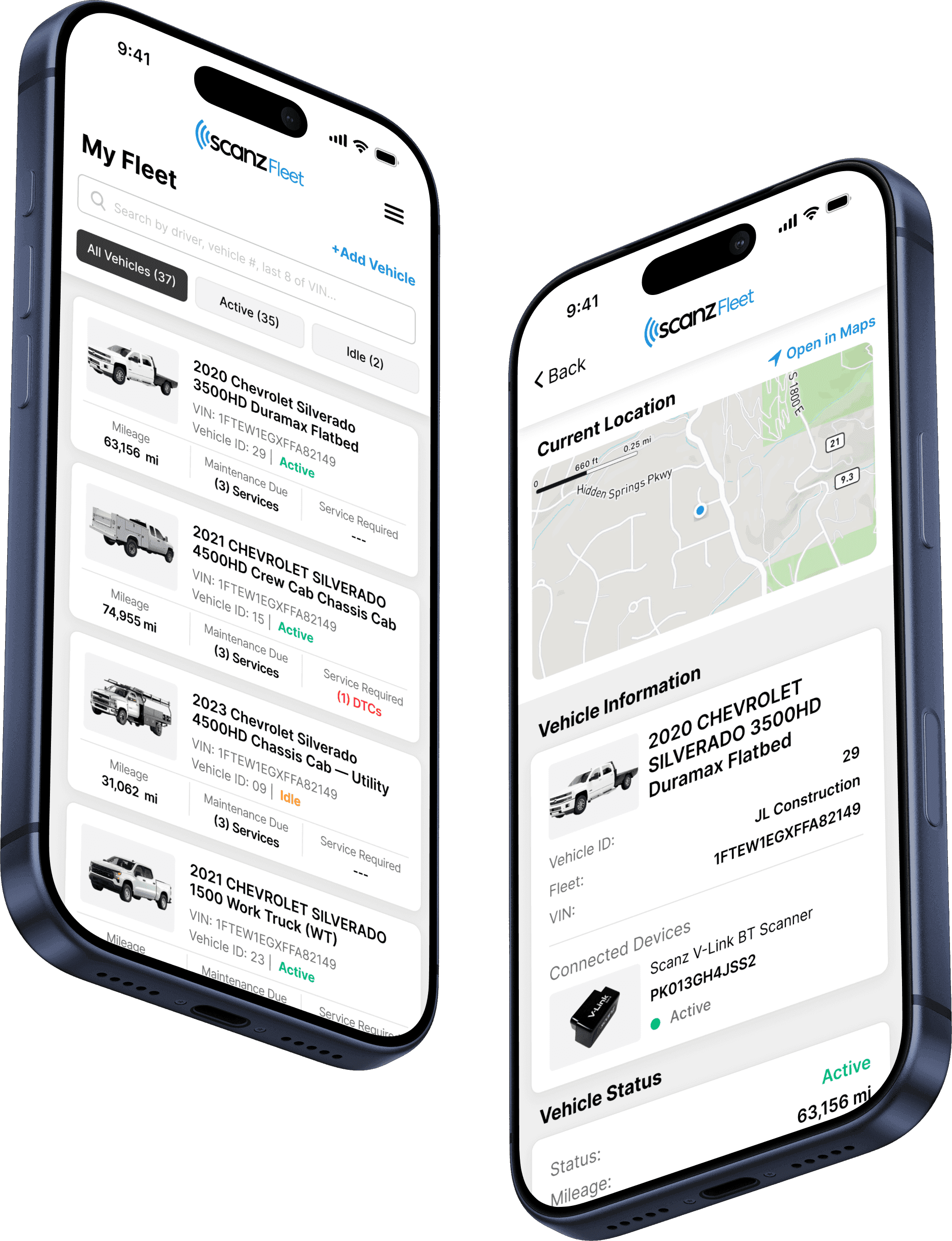 Scanz Fleet mobile app on two phones