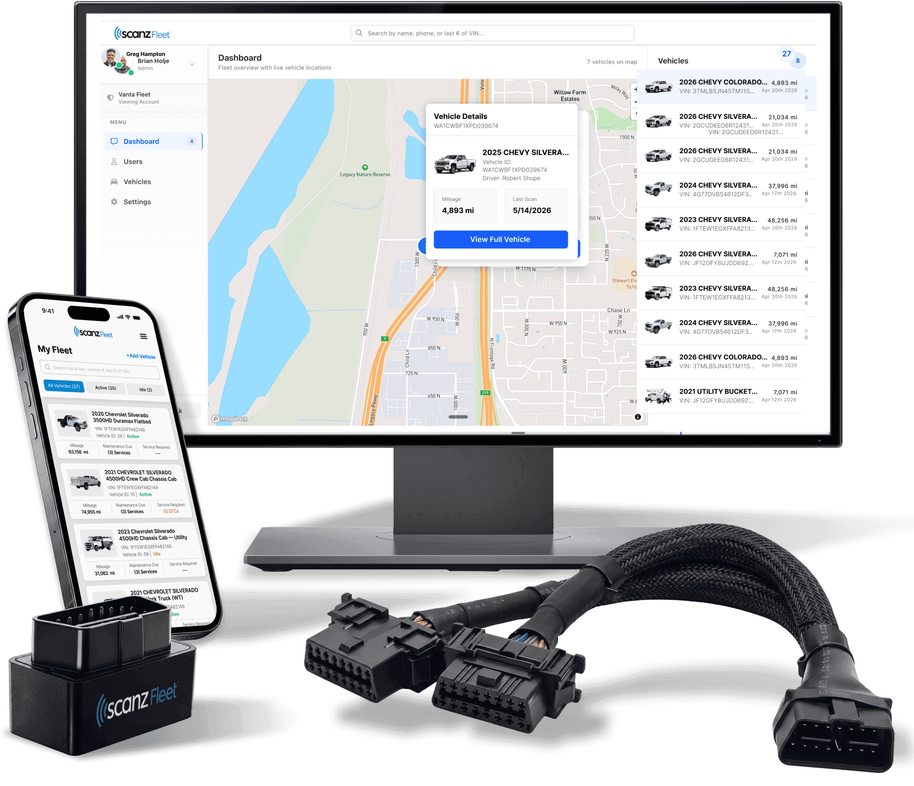 ScanzFleet portal, mobile app, and OBD devices