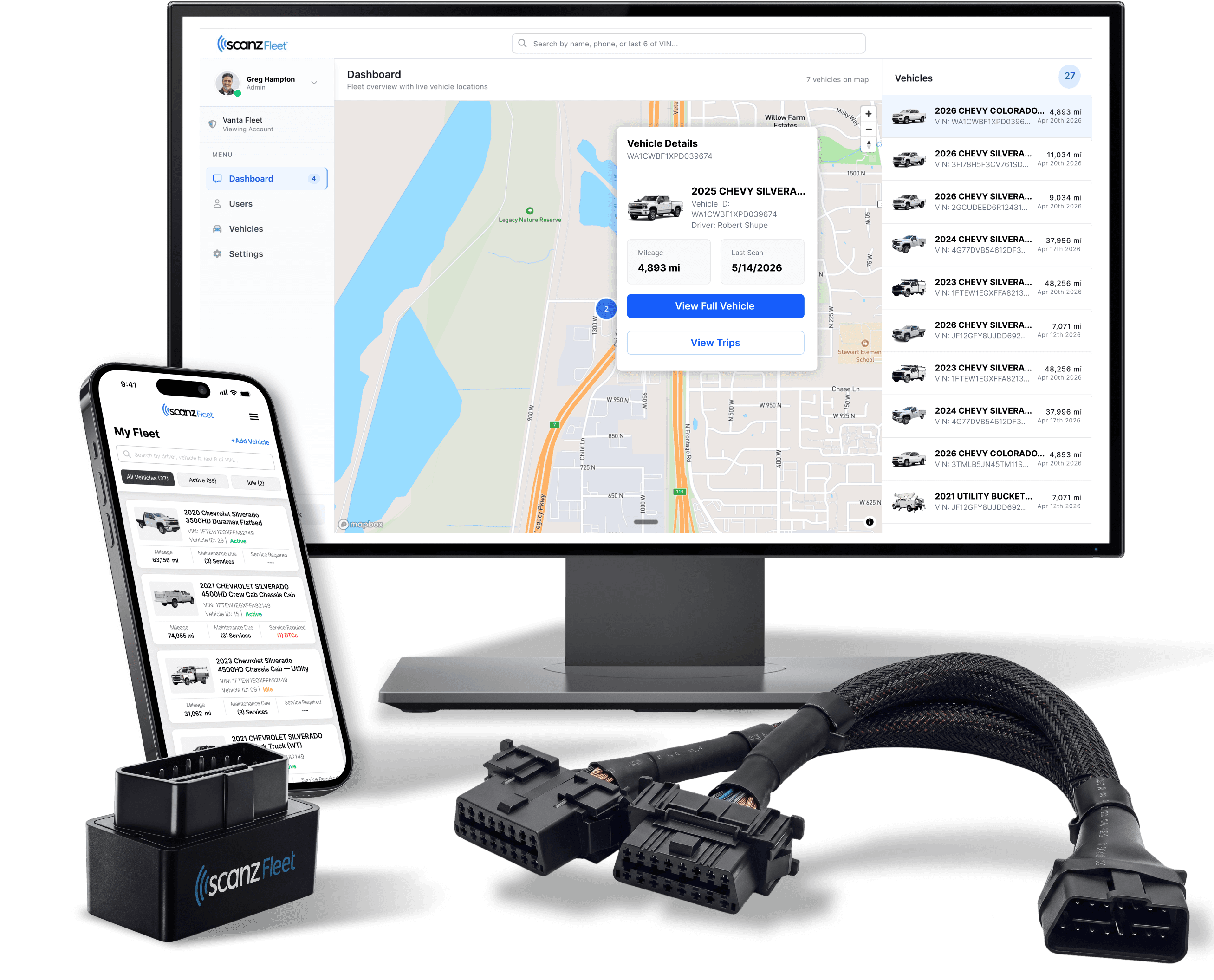 ScanzFleet portal, mobile app, and OBD devices