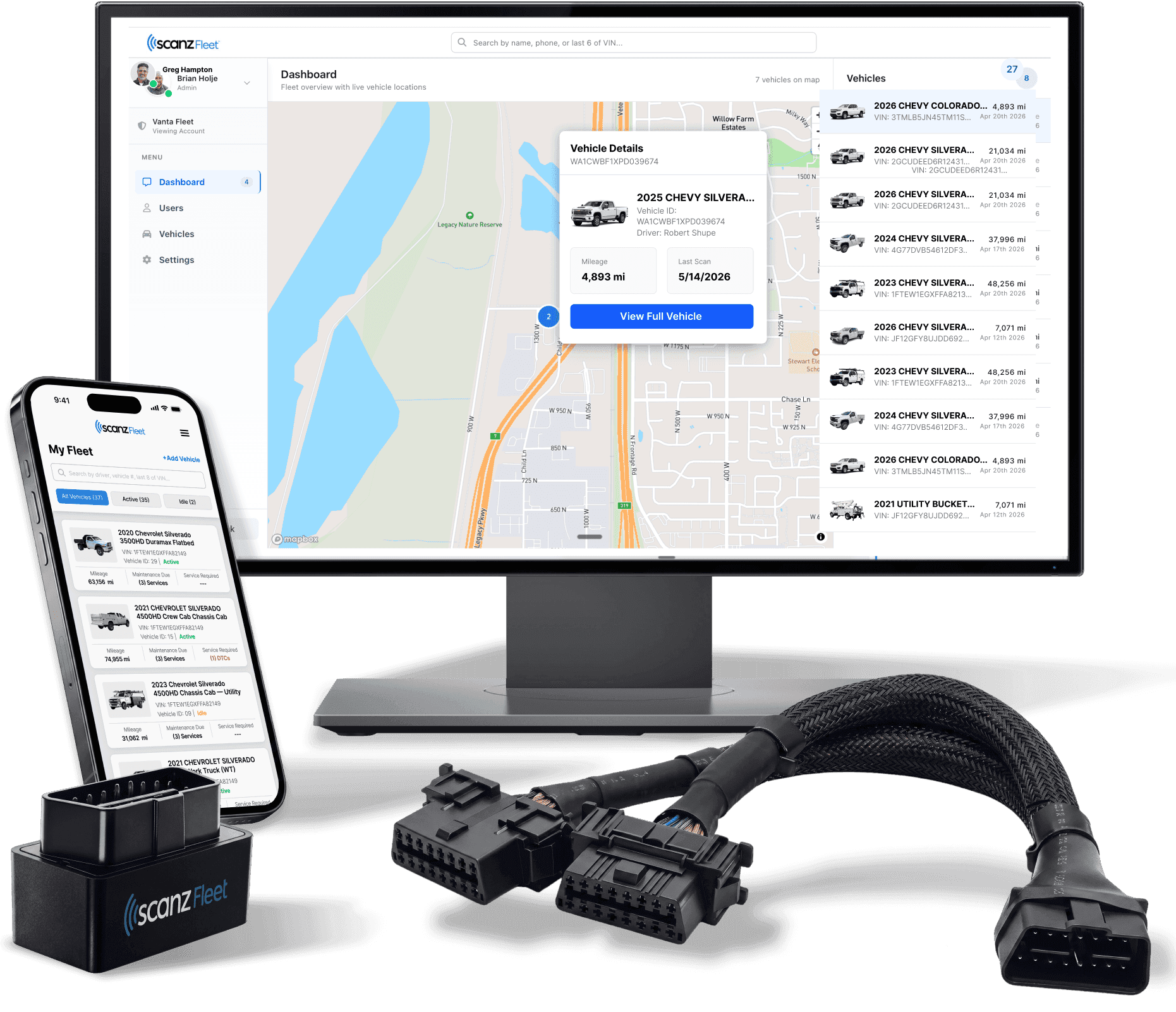 ScanzFleet portal, mobile app, and OBD devices