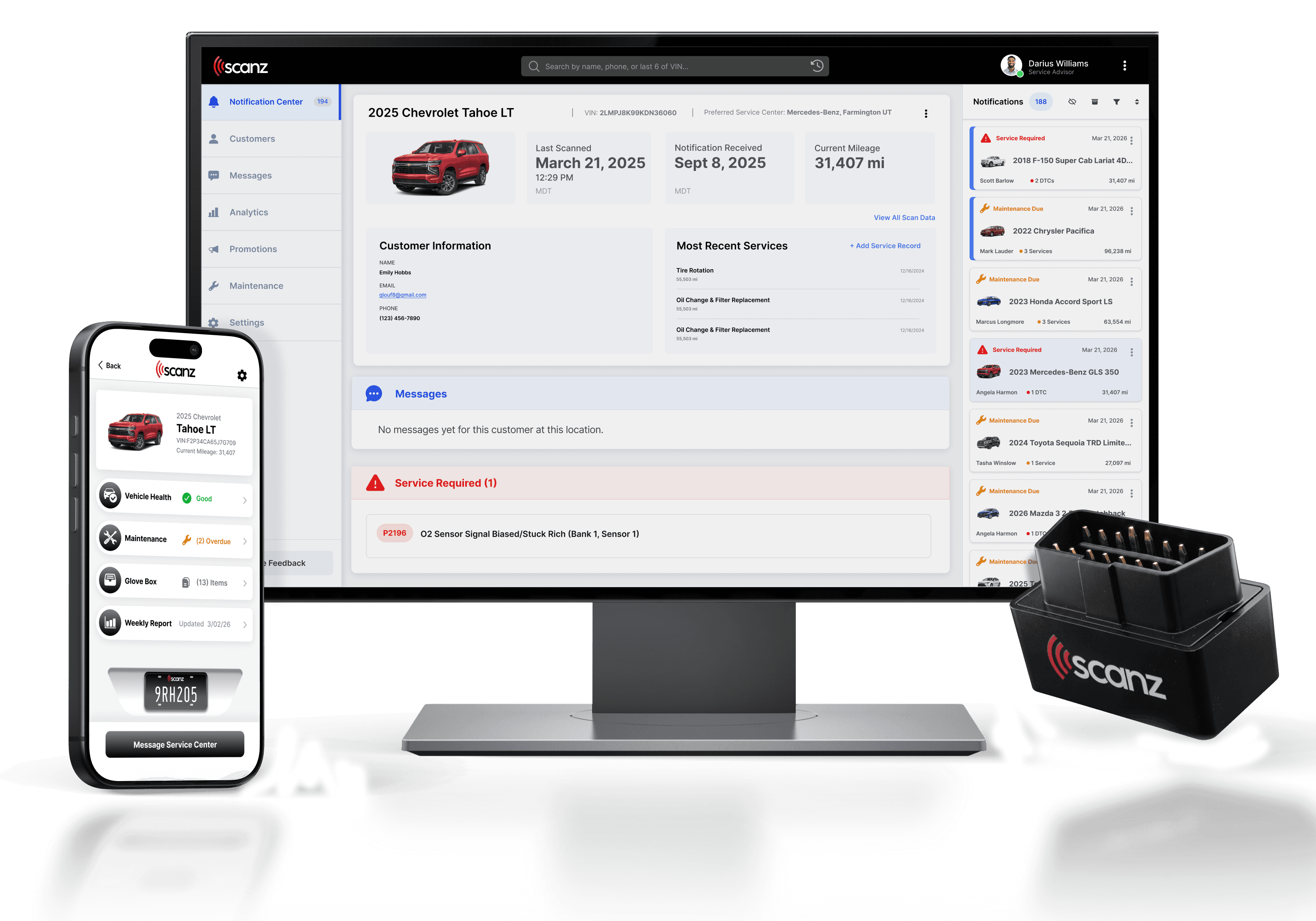 Scanz dealer portal on a monitor with the consumer app and OBDII device