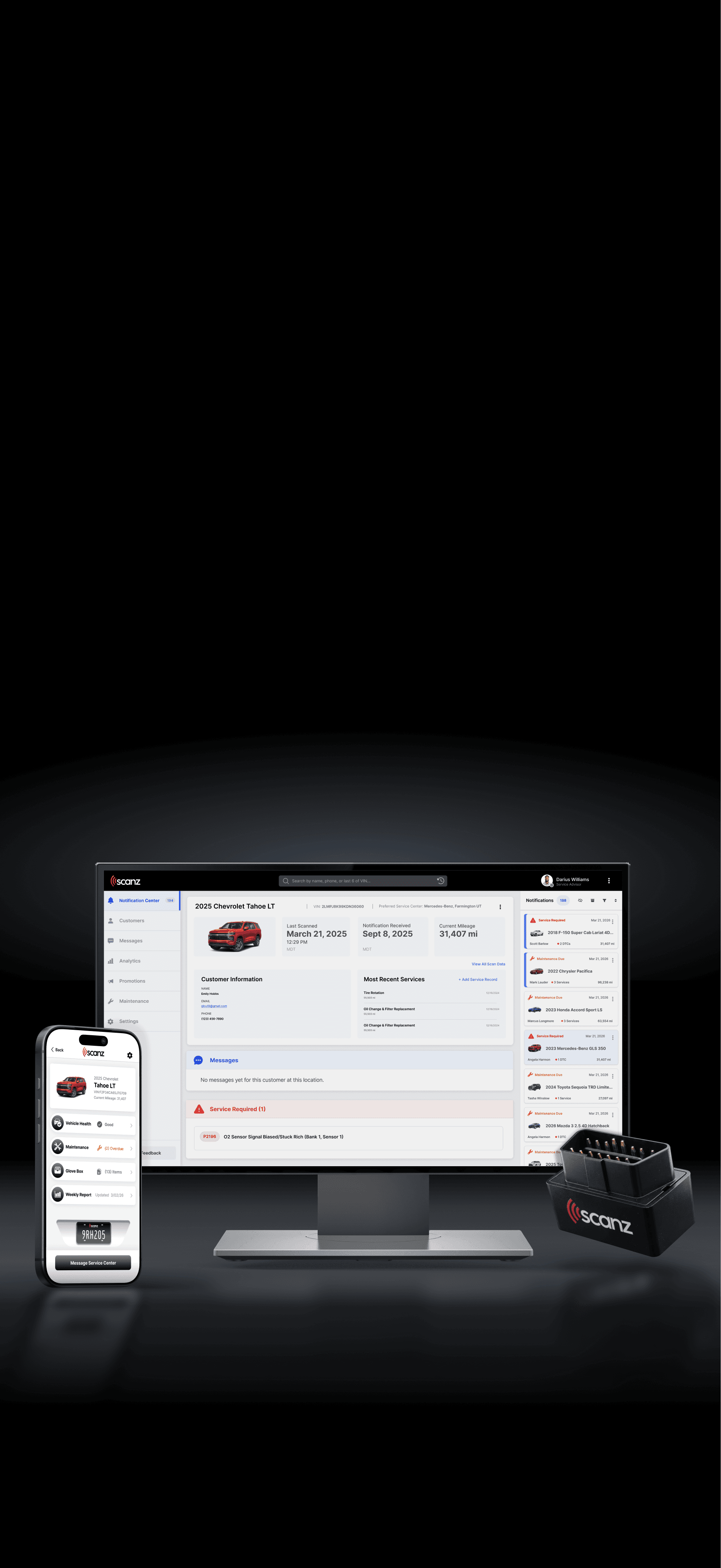 Scanz dealer portal, consumer app, and OBDII device