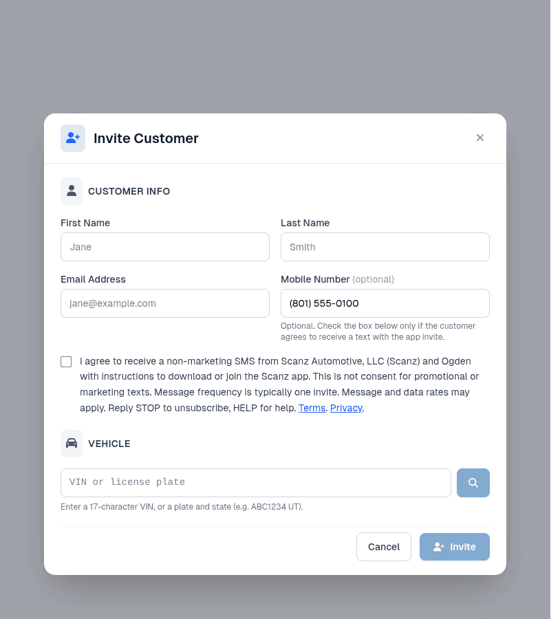 Scanz portal Invite Customer modal with a mobile number field and an unchecked SMS app-invite consent checkbox. The label names Scanz Automotive, LLC and Ogden.
