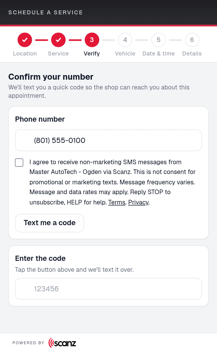 Embedded Scanz scheduler verification step with a phone number field and an unchecked SMS consent checkbox for messages from Master AutoTech - Ogden via Scanz.